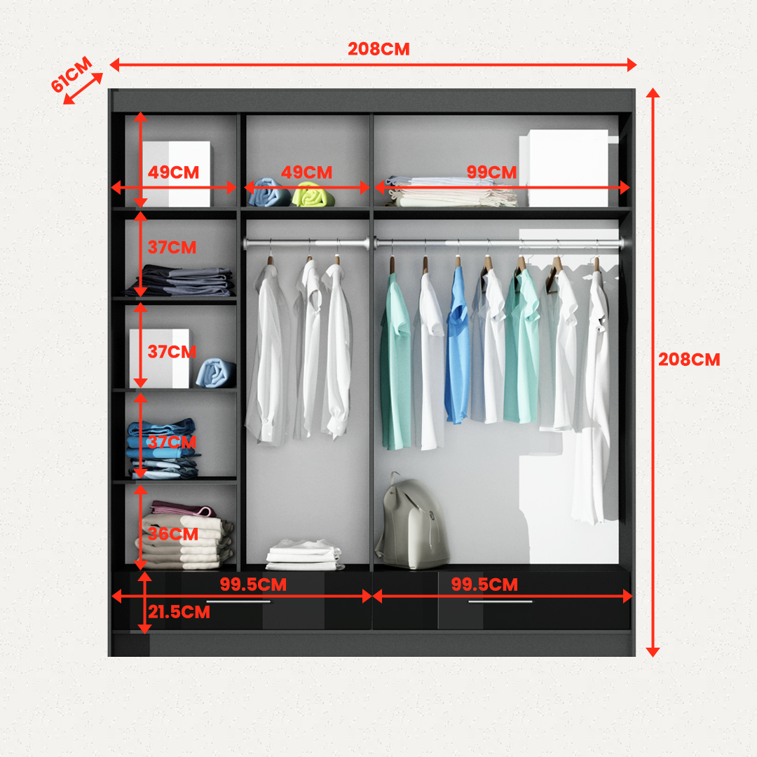 black 2 door sliding high gloss wardrobe with drawers – 208cm marsylia black 2 door sliding high gloss wardrobe with drawers – 208cm marsylia