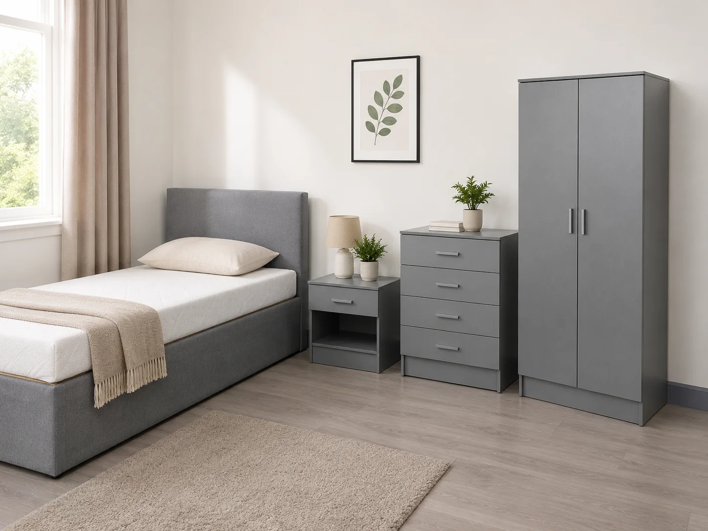 grey bedroom set – divan bed, bedside table, chest of drawers & wardrobe grey bedroom set – divan bed, bedside table, chest of drawers & wardrobe