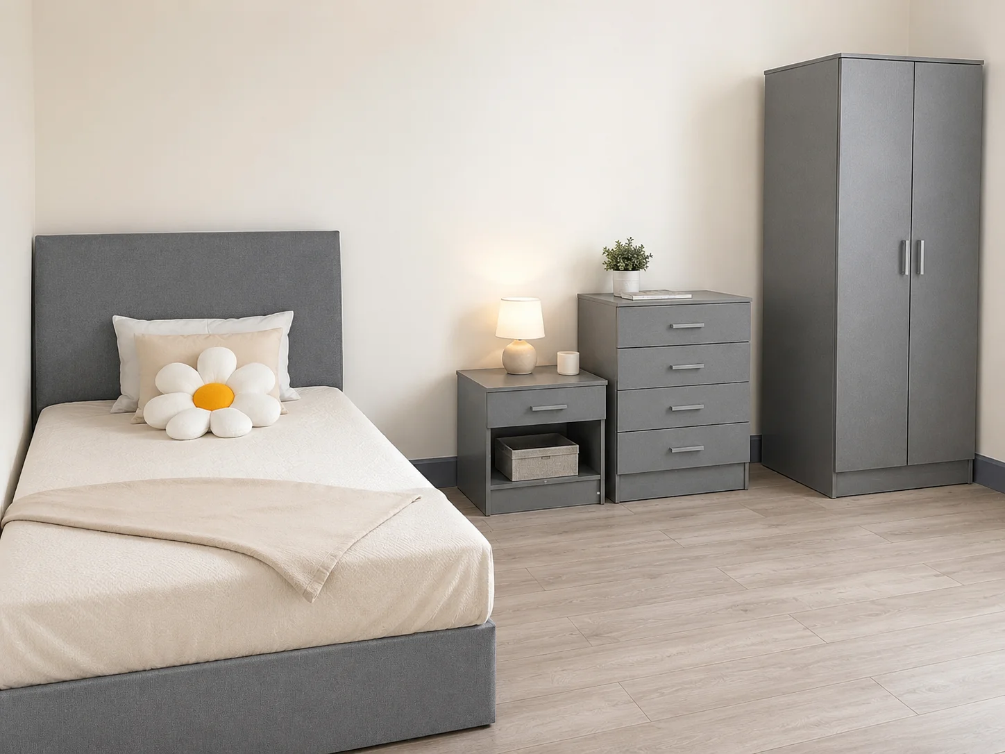 grey bedroom set – divan bed, bedside table, chest of drawers & wardrobe grey bedroom set – divan bed, bedside table, chest of drawers & wardrobe