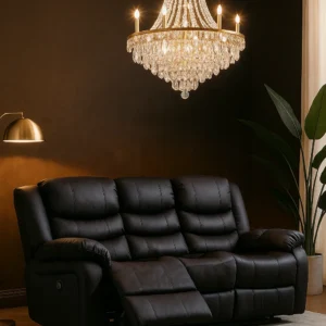 3 seater leather recliner sofa black color inside of the room.webp