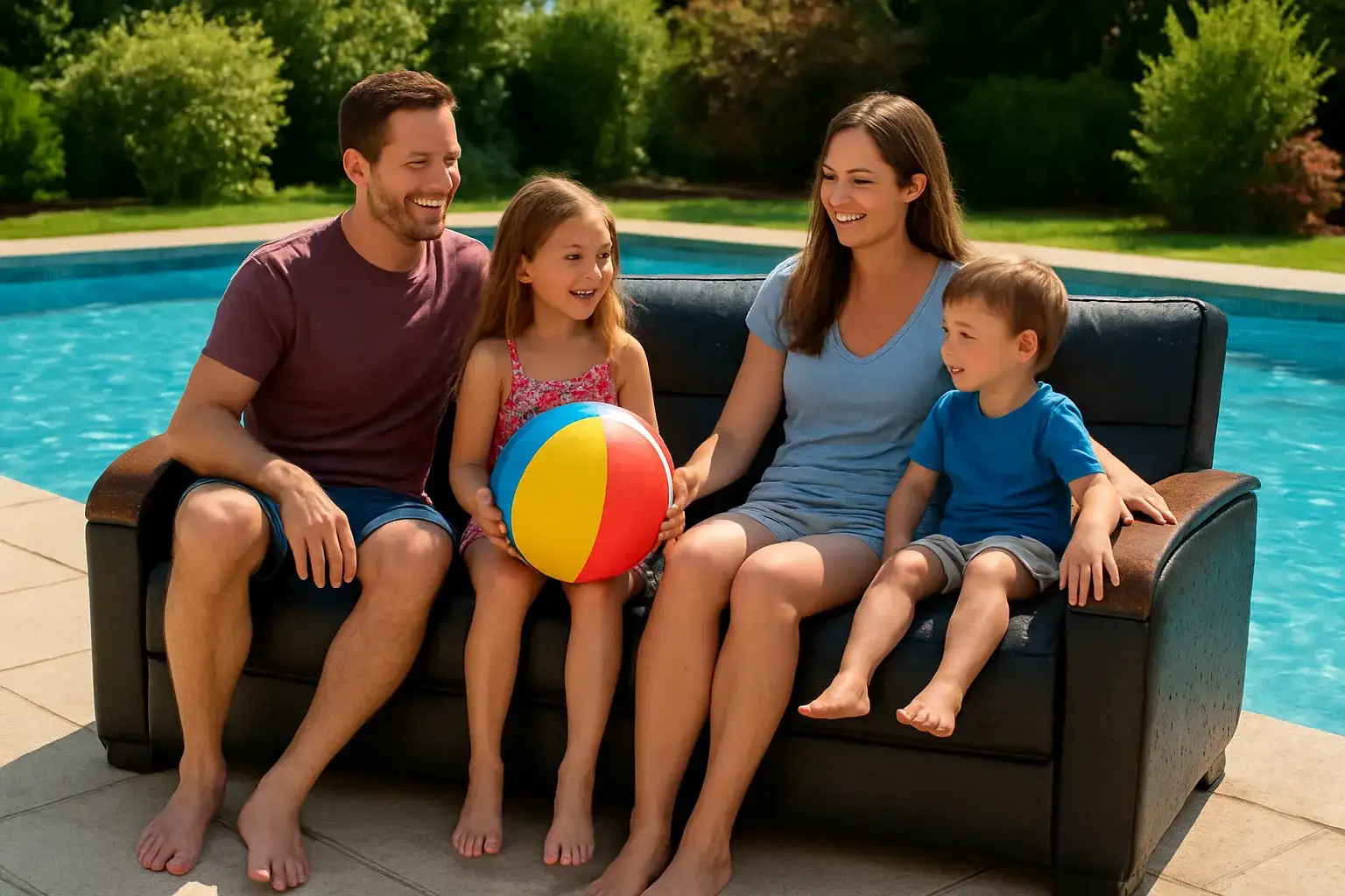 3 seater sofa bed balck leather along side pool siting famiy on it couple and one girl chil with ball and one boy child.webp 3 seater sofa bed balck leather along side pool siting famiy on it couple and one girl chil with ball and one boy child.webp