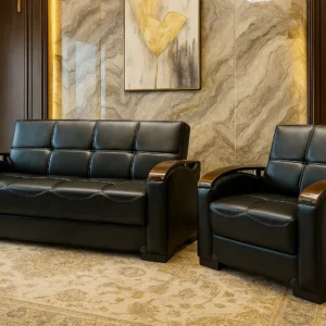 32 leather sofa bed black color wioth brown arm rests brown nad cream designed walls luuxury room.webp