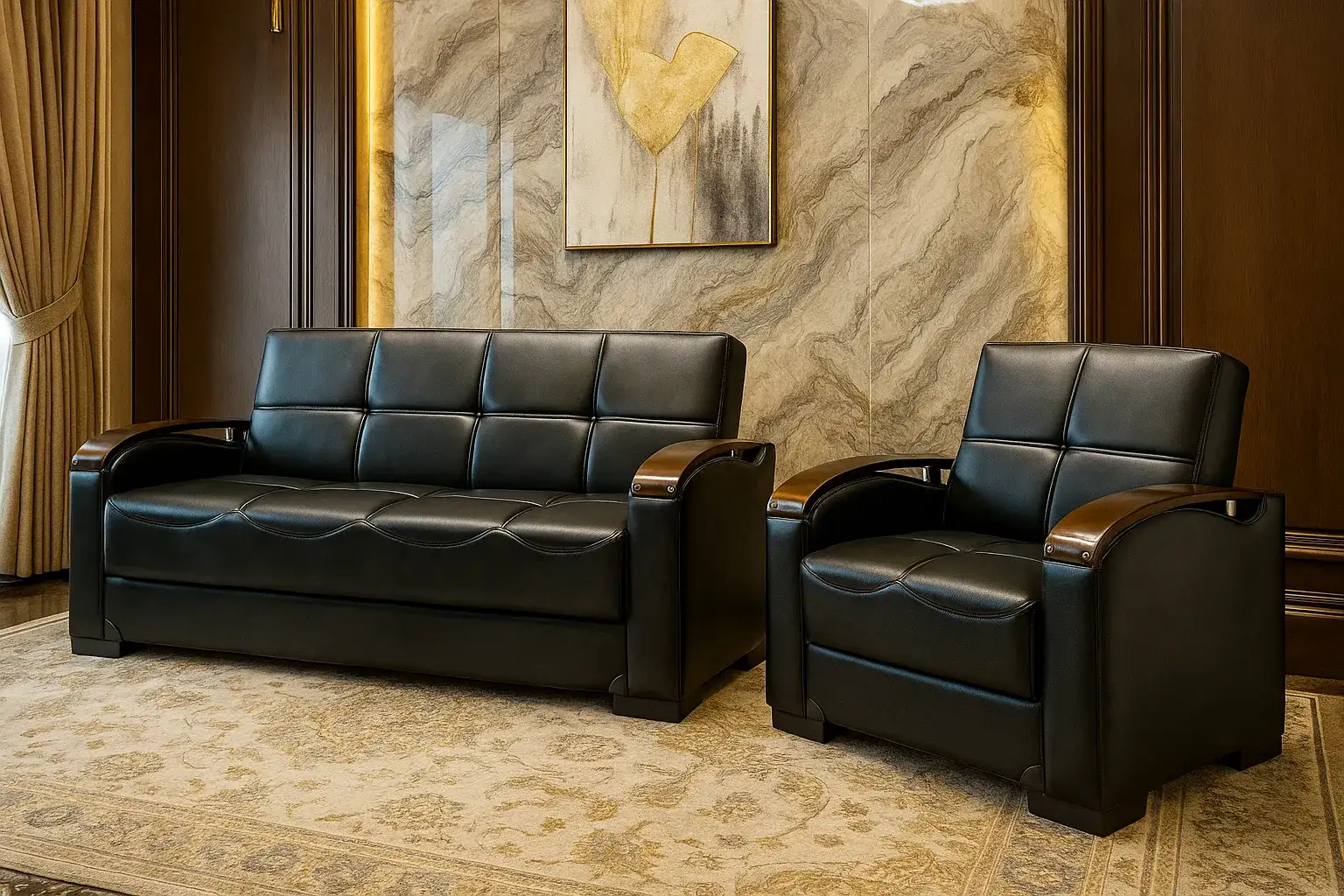 32 leather sofa bed black color wioth brown arm rests brown nad cream designed walls luuxury room.webp 32 leather sofa bed black color wioth brown arm rests brown nad cream designed walls luuxury room.webp