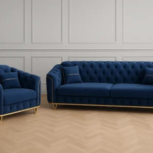 side view of blue 3 plus 2 seater plush sofa set showing curved arms and steel leg construction.webp