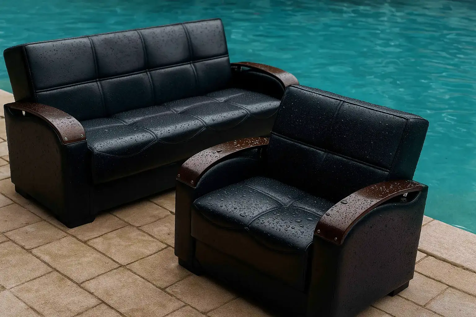 black leather sofa bed 32 set alongside pool with water drops on them containig brown arm rest in rainy weather.webp black leather sofa bed 32 set alongside pool with water drops on them containig brown arm rest in rainy weather.webp