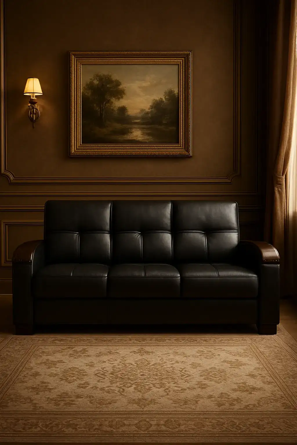 dark room containing 3 seater black leather sofa angles toward camera havea frame behind.webp dark room containing 3 seater black leather sofa angles toward camera havea frame behind.webp