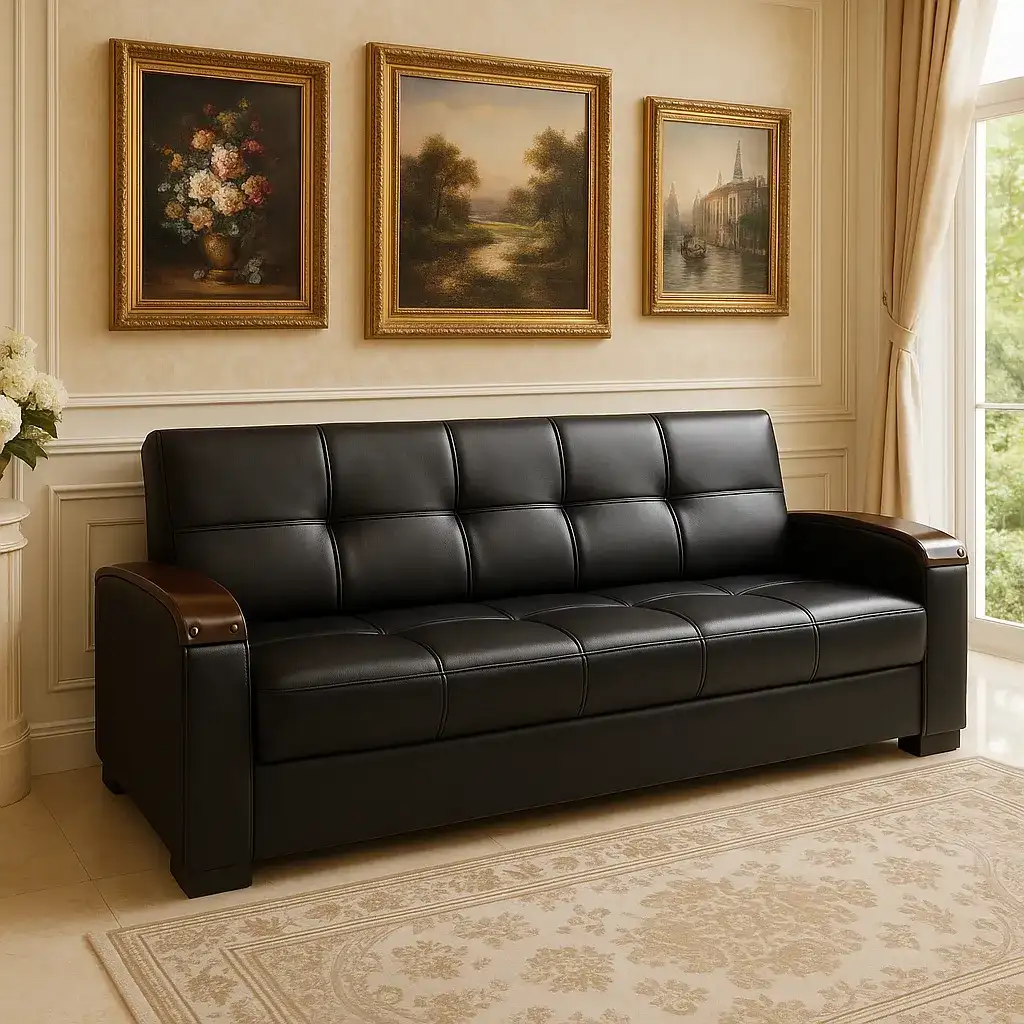 leather sofa bed 3 seeater in light brown walls room contains three frames on the wall behind sofa.webp leather sofa bed 3 seeater in light brown walls room contains three frames on the wall behind sofa.webp